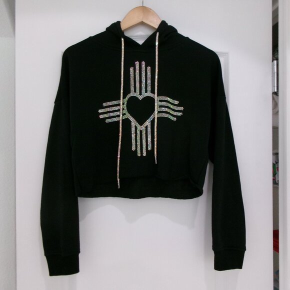 New Eddie Valentin Black Cropped Oversize Sparkly Crystals Studs Heart Hoodie M - Picture 2 of 10